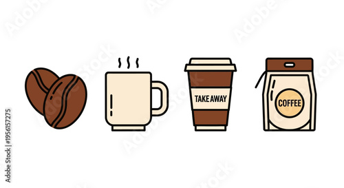 A collection of four distinct coffee-related icons, including coffee beans, a steaming mug, a takeaway cup, and a coffee bag.