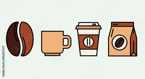 A collection of stylized coffee-related icons, including a coffee bean, a mug, a to-go cup, and a coffee bag.