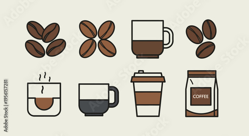 A collection of stylized flat icons representing various coffee-related items, including beans, cups, and packaging, presented on a neutral background.