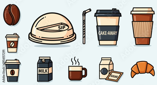 A collection of coffee-related icons including coffee beans, cups, lids, straws, milk cartons, sugar packets, and a croissant.