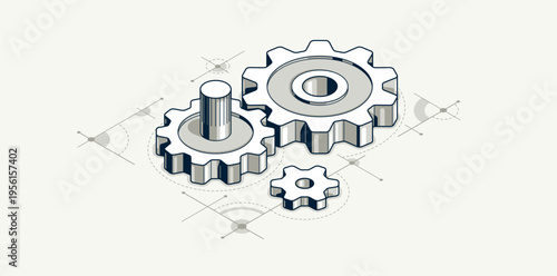 Mechanical engineering concept, gears and cogs with project drawing draft isometric 3D vector illustration, cogwheels system technology and technics machinery engine.