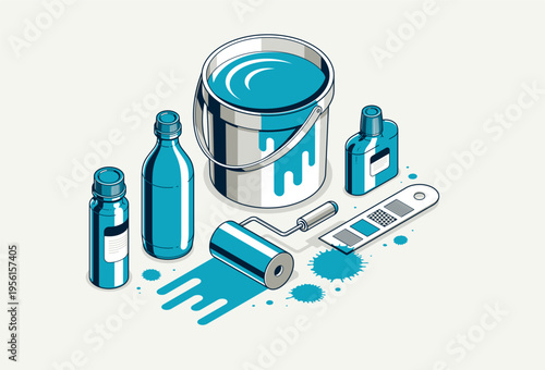 Painting walls interior vector 3D isometric illustration, diy renovation, residential flat renovate, apartment or house interior decoration.