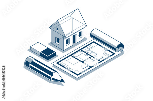 House project concept, 3D isometric vector illustration of a small house and blueprint building project, construction architectural model, residential family small house.
