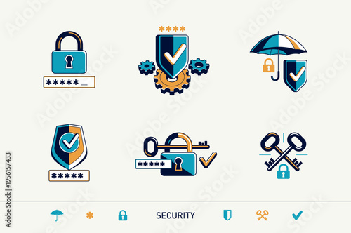 Safety and security vector detailed icons set, account privacy and antivirus, protected personal data cybersecurity.