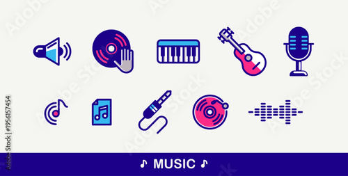 Music and recording studio vector detailed icons set, sound producing and audio engineering bundle, playing instruments.