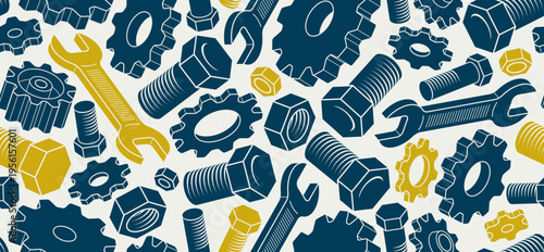 Car service seamless background, vector wrenches and bolts endless wallpaper, automobile engine expertise diagnostic and fix tiling pattern, elements can be used separately.