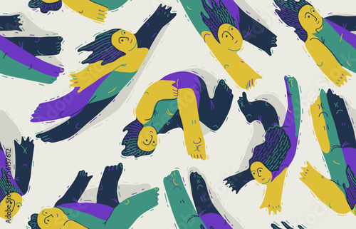 Dreamers conceptual seamless background, illustrative vector people flying among the clouds, freedom of imagination relaxed levitation, tranquil and hypnotic emotions.