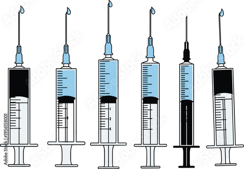 Medical Syringe Icon Set with Different Liquid Levels and Needle Variations for Healthcare Design, Vaccination Concepts, Injection Tools, and Clinical Graphics