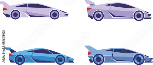 Minimal Supercar Icon Set with Side View Sports Cars in Flat Style for Automotive Design, Racing Concepts, Transportation Graphics, and Modern Vehicle Illustrations