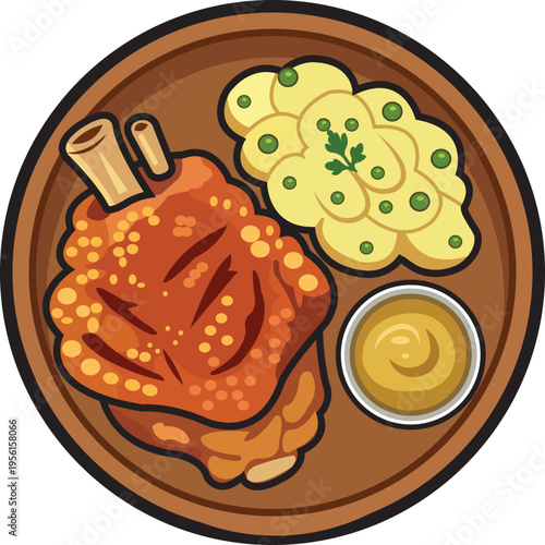 German Pork Knuckle With Potato Dumplings and Mustard on Wooden Serving Board Traditional Bavarian Roast