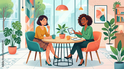 Two businesswomen collaborating on laptop at modern office table with plants and large windows