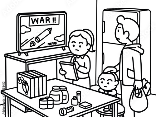 Family preparing for war emergency at home