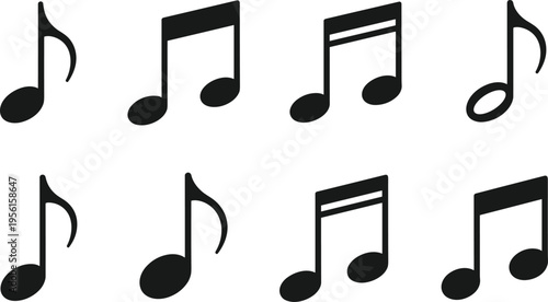 Music Note Icon Set with Various Musical Symbols for Audio Design, Sound Apps, Melody Concepts, and Creative Media Projects