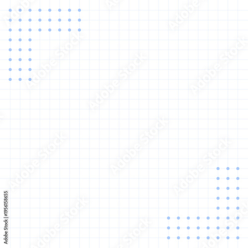 正方形のグリッド背景 水色ドット装飾付き SNS投稿やバナーに最適なシンプルデザイン（1080×1080）。テック系スタートアップ向けの抽象的なグリッドイラスト。シンプルグリッド背景。