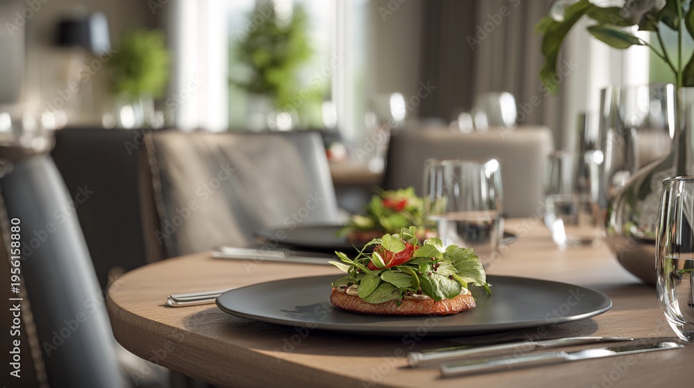 Fototapeta premium Modern dining setting with minimalist design and fresh salad plates in bright room