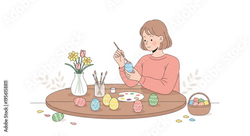 Young Woman Painting Easter Eggs Creative Activity Vector Illustration