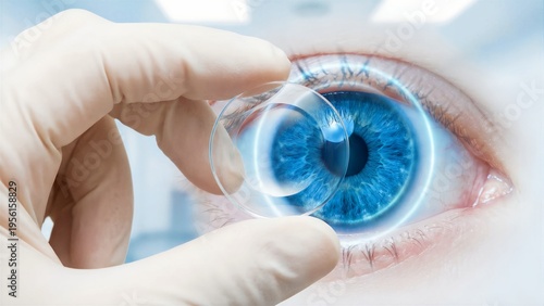 Close up of an optometrist applying a clear corrective contact lens to a bright blue human eye for vision enhancement and ocular health treatment