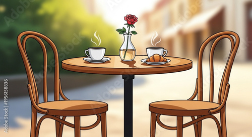 Cozy outdoor caf scene with two wooden chairs steaming coffee cups and a vase with a red rose on a small table