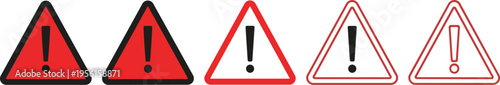 Red and Outline Triangle Warning Icon Set with Exclamation Marks for Hazard Alerts, Safety Signs, Error Notifications, and Caution Symbol Variations