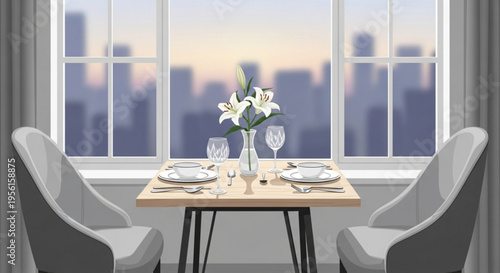 Romantic dinner setup for two with cityscape view at sunset elegant table with flowers and wine glasses