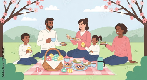 Family Easter Picnic Outdoor Spring Celebration Flat Vector