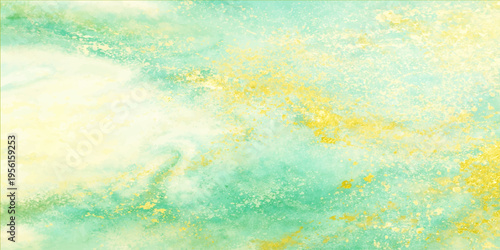 An abstract watercolor washes create a dreamy landscape. This artful composition blends soft hues of teal, gold, and cream to capture the eye, reflecting a sense of peace and ethereal beauty. 