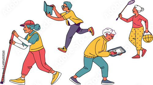 Active senior people engaging in various hobbies and activities vector illustration set