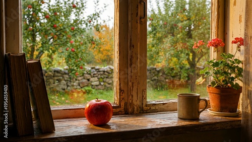A charming, weathered wooden window sill displays a collection of antique books, a crisp red apple, a comforting ceramic mug, and a vibrant blooming red geranium, creating an inviting and peaceful