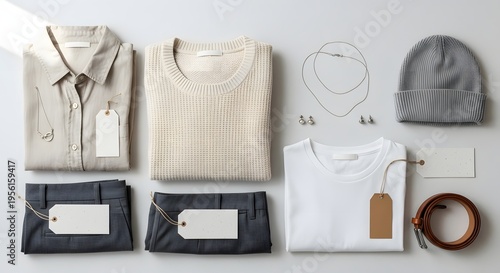 Minimalist fashion flat lay, neutral apparel collection, stylish clothing with blank tags, e-commerce product display