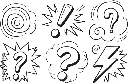Set of black and white comic book elements: question marks, exclamation, and explosion effects. Vector illustration