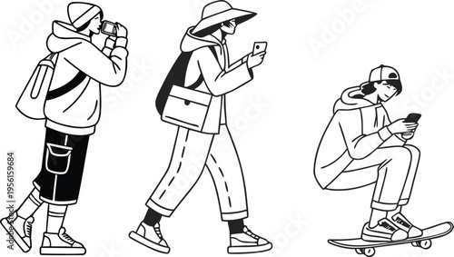 Set of 3 black and white outline vector illustrations of young people using smartphones in urban settings