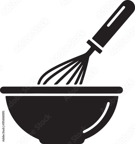 A whisk vigorously mixing ingredients inside a mixing bowl silhouette vector icon
