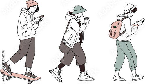 Set of 3 vector illustrations depicting young people walking, skateboarding, and using smartphones
