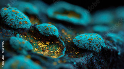 Macro closeup of teal and gold lichen and fungus texture background for abstract nature wallpaper and surface design