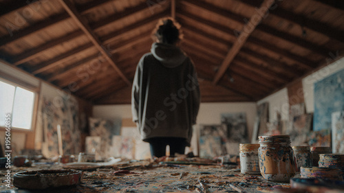 Artist standing in sunlit attic studio viewed from paint splattered table with jars and canvases for creative workspace background and poster design