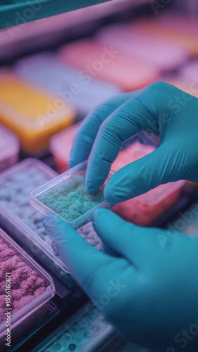 Closeup gloved hands placing sample trays with textured compounds for lab experiment and scientific research background use