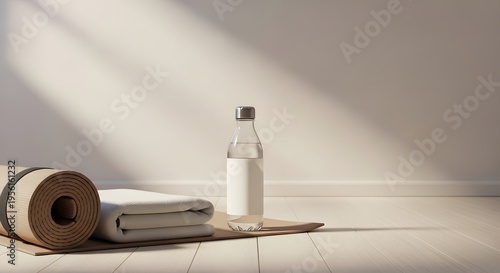 Minimalist yoga equipment, rolled exercise mat and water bottle, serene home gym studio