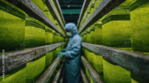 Worker tending rows of algae cultivation tanks in a laboratory facility for sustainable biomass production and industrial research background
