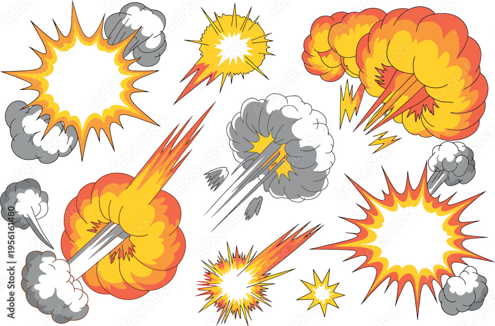 Obraz premium Collection of comic book explosion and smoke effects, fire burst and lightning, dynamic action illustrations. Vector illustration
