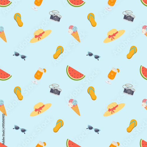 Seamless summer pattern with beach elements sunglasses, hat, flip flops, camera, cocktail, ice cream and watermelon. Bright vacation background in flat style for textile, wallpaper and packaging.