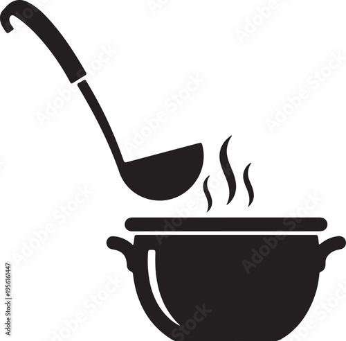 A ladle stirring a pot with rising steam indicating cooking activity. silhouette vector icon
