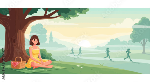 Young Woman Enjoying a Peaceful Picnic Under a Large Tree.