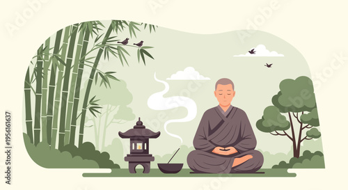 Zen Buddhist monk meditating peacefully in serene garden setting.