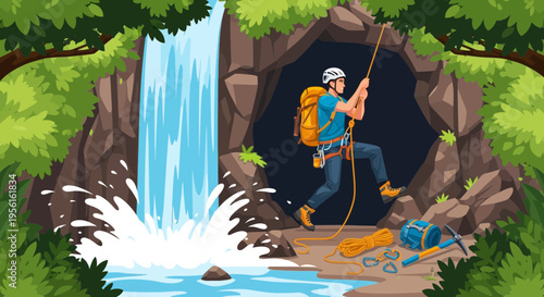 Man rappelling down a rope near a cave entrance.
