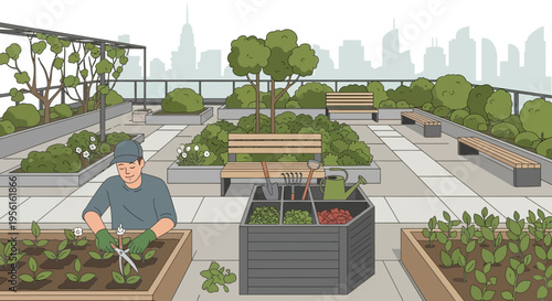 Man tending to plants in a rooftop garden.