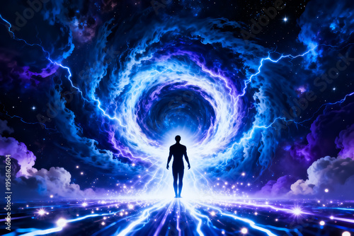 Silhouette of a human figure surrounded by bright blue energy, cosmic light rays. Symbolizing enlightenment, transformation, spiritual awakening. For sci-fi, spirituality, futuristic art, metaphysic
