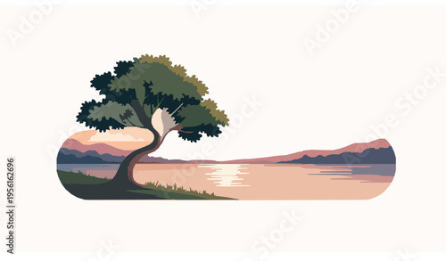 Beautiful sunset lake scene with lone tree and water reflection flat vector illustration isolated on white