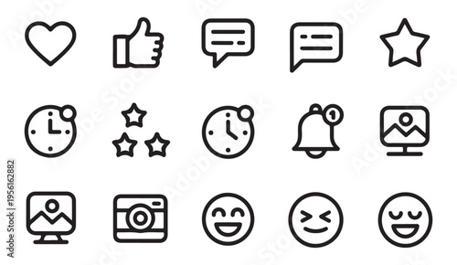 Set of icons for social media and digital communication: heart, like, chat, star, photo, camera