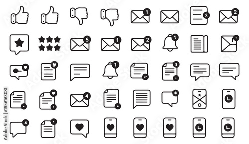 Social media notifications, chat messages, email, and thumbs up and down line icon set