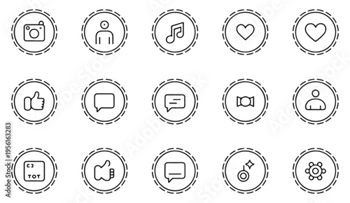 Social media icons collection for digital communication and online engagement featuring various graphic elements